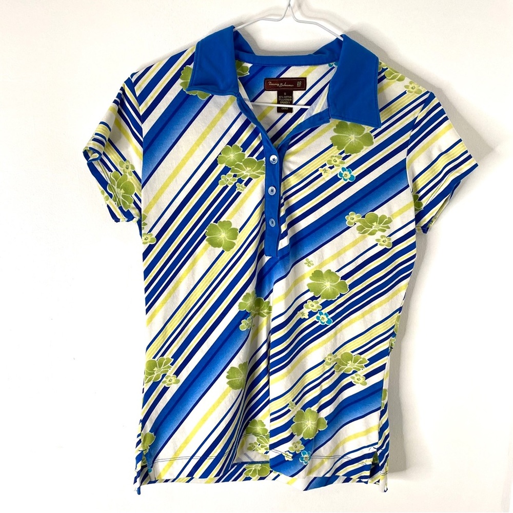 Tommy Bahama Striped Floral Golf Polo Blue Yellow Stripe Stretch Split Hem